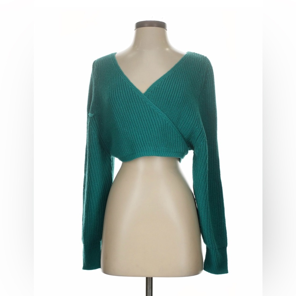 Hunter & Brown Teal Cropped Wrap Knit Sweater